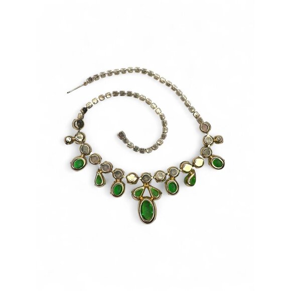 Vintage Green Jelly Glass Cab Necklace Rhinestones UV Glow Uranium Glass 40s 50s - Picture 7 of 7